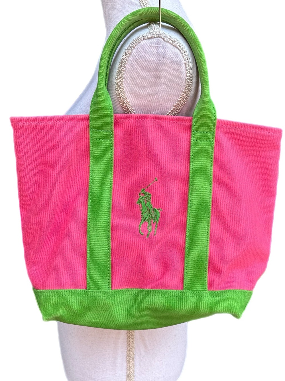 Polo Ralph Lauren Tote Bag Mini Canvas Purse Big Pony Logo Vintage Pink Green